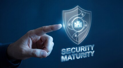 Businessman interacting with glowing security shield icon for cyber protection