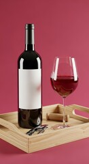 Wine tasting experience with elegant bottle and glass on wooden tray