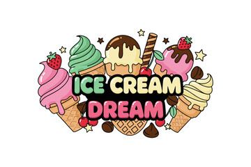 Colorful ice cream desserts with cones, scoops, and toppings