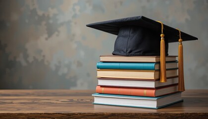 A pile of vibrant books on a wooden table holds a black graduation cap with a gold tassel, symbolizing the completion of education and the quest for knowledge.