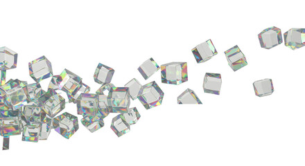 Fototapeta premium Numerous shiny iridescent glass cubes in a dynamic cascade, floating upwards with motion blur on a transparent studio background with copy space, concept of abstract motion and technology