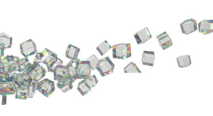 Numerous shiny iridescent glass cubes in a dynamic cascade, floating upwards with motion blur on a transparent studio background with copy space, concept of abstract motion and technology