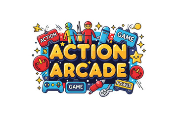 Colorful retro gaming theme with bold text and iconic symbols