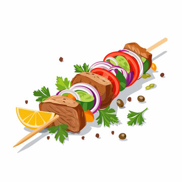 Brochette m&eacute;diterran&eacute;enne grill&eacute;e avec l&eacute;gumes et viande, herbes fra&icirc;ches