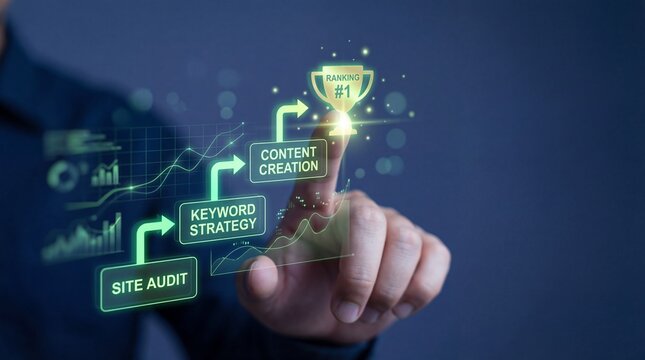 Businessman ranking number one with digital content creation strategy
