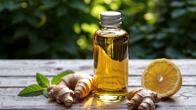 Fresh Cold-Pressed Ginger Turmeric Immunity Shot in Glass Potion Bottle on Rustic Wooden Table with Natural Background