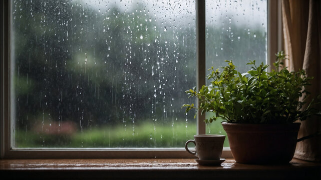 background of rainy winter day through the window