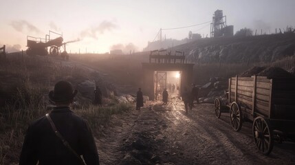 Dusty path leads through a gate at dawn.