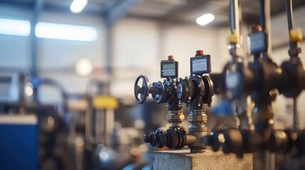 Industrial control panel with gauges and valves in a factory setting.