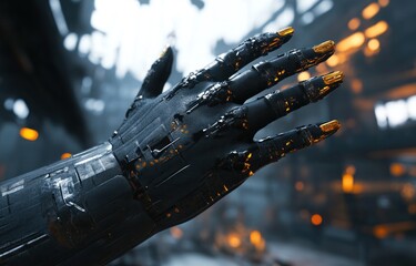 Advanced robotic arm featuring intricate design with glowing orange energy and gold fingertips.