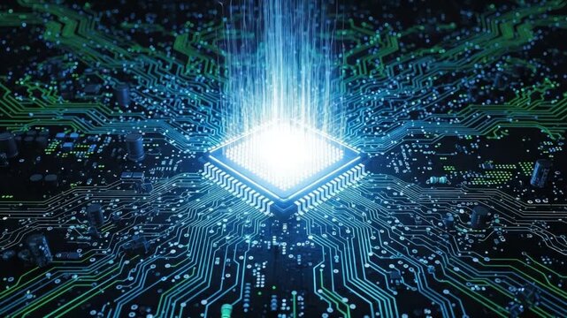 Central Processing Unit on Circuit Board with Neon Blue and Green Lighting Effects, Futuristic Microchip Technology, Isometric Digital Artwork, Perfect for Tech Backgrounds