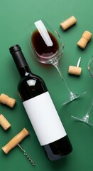 Elegant wine bottle and glass on green background with corks and corkscrew