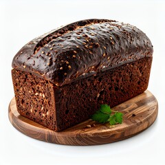 Artisanal dark rye bread loaf with seeds presented on a wooden board against a pristine white backdrop