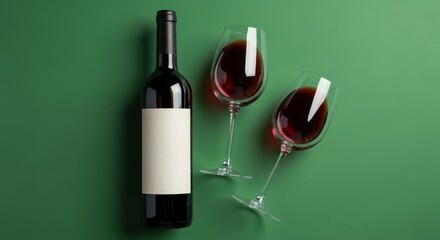 Elegant wine bottle with two glasses on green background for celebratory dinner design