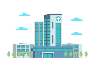 Obraz premium A modern hospital building with a blue and white exterior and a red cross symbol on the side