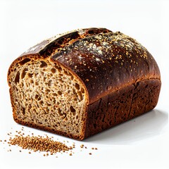 Artisan whole wheat loaf with a golden crust on a clean white background