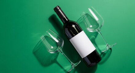 Red wine elegance with two empty glasses on green background