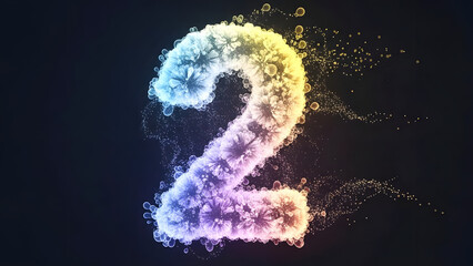 Colorful abstract number two made of glowing particles. Modern digital illustration of the digit 2 with a dynamic motion effect on a dark background