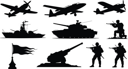 Military warfare silhouettes set with fighter planes, tanks, soldiers, warships and artillery weapons collection isolated on white background © LatifunNahar