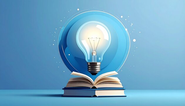 Illuminated Light Bulb Above Open Book Symbolizing Knowledge and Innovation Idea