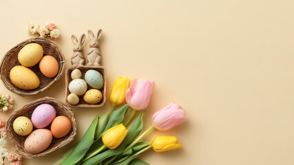 Easter still life with pastel eggs in wicker baskets, spring tulips and bunny figurines on a warm background. Festive flat lay with copy space, soft colors and cozy seasonal mood