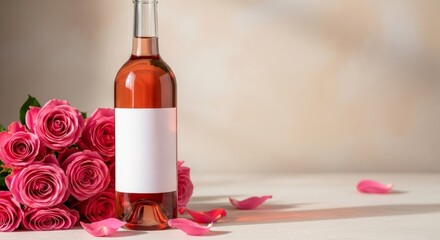 Elegant rose wine bottle with pink roses and petals for romantic occasions