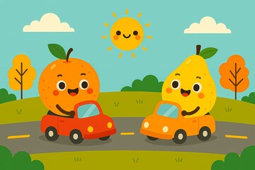 Playful cartoon fruits (orange, lemon) driving tiny cars on a road, bright sunny background, flat vector style, kawaii design