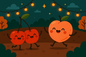Cute cartoon cherries and peaches dancing together under string lights, festive outdoor setting, colorful and fun, flat vector illustration