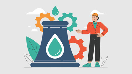 engineer at an industrial cooling tower with gears flat vector illustration 