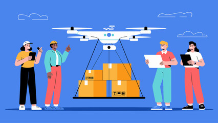 drone delivering packages to a logistics team flat vector illustration 