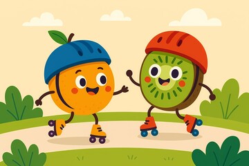 Playful cartoon oranges and kiwis wearing helmets and roller skating on a smooth path, bright and cheerful, flat vector illustration.