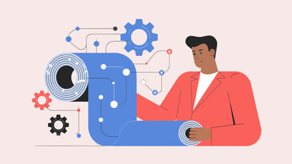 man holding a technical blueprint with a process workflow flat vector illustration