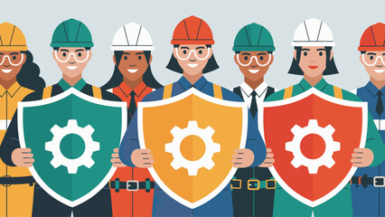 diverse group of industrial workers holding shields flat vector illustration