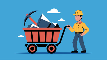 miner pushing a cart with ore and a pickaxe flat vector illustration