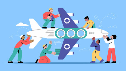 diverse team of engineers building an airplane flat vector illustration