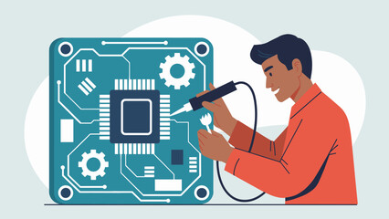technician soldering a circuit board flat vector illustration