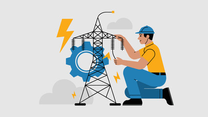 technician working on an electricity pylon flat vector illustration