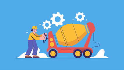 construction worker operating a concrete mixer flat vector illustration