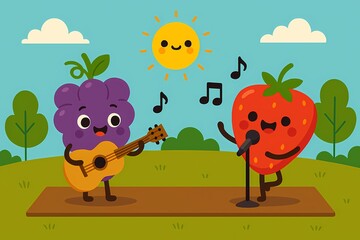 Cute cartoon grapes playing guitar and strawberries singing, outdoor concert vibe, colorful and fun, flat vector illustration.