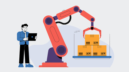 engineer with a tablet controlling a robotic arm stacking boxes vector illustration 