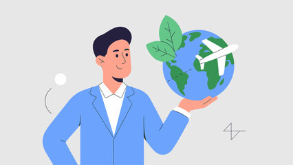 businessman holding a globe with an airplane and leaves flat vector illustration