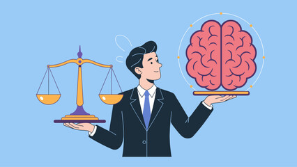 businessman balancing a scale of justice and a brain flat vector illustration, ethical decision-making and emotional intelligence