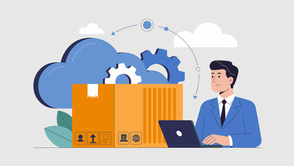 businessman at a laptop managing a package with cloud technology flat vector illustration