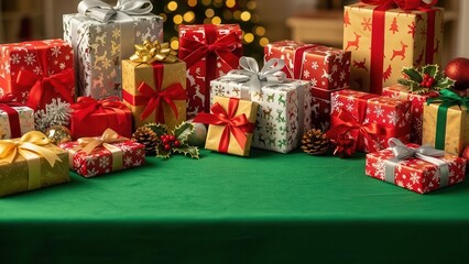 Collection of christmas gifts piled on a green table