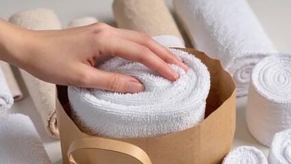 Close-up of hand placing rolled white towel into brown paper bag, surrounded by neatly arranged white and beige towels, illustrating towel shopping and textile store