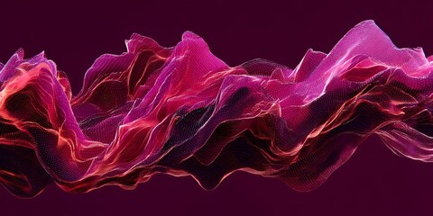 A vibrant, flowing abstract wave design in shades of pink and purple against a dark background.