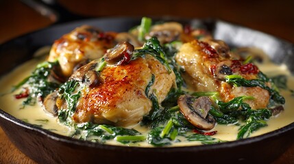 Pan-seared chicken thighs with creamy spinach and mushroom sauce, cooked in a cast iron skillet