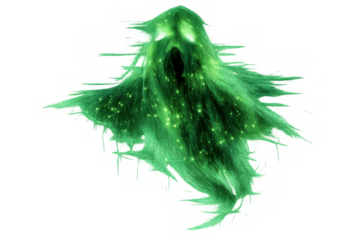 Green glowing ghost appearing, flying, haunting, bringing fear for halloween and spooky events, with transparent background