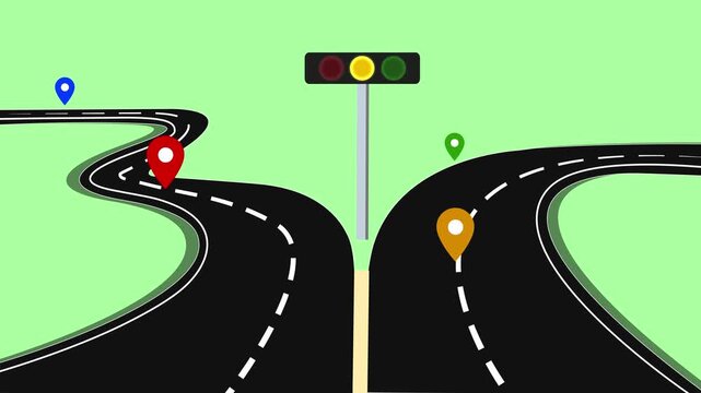 Road Intersection with Map Pins and Traffic Light Animation