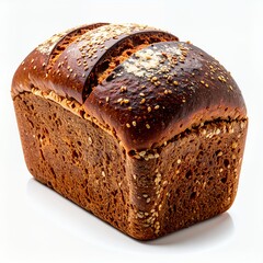 Artisanal rye bread with sesame seeds, loaf on a clean white background, studio shot